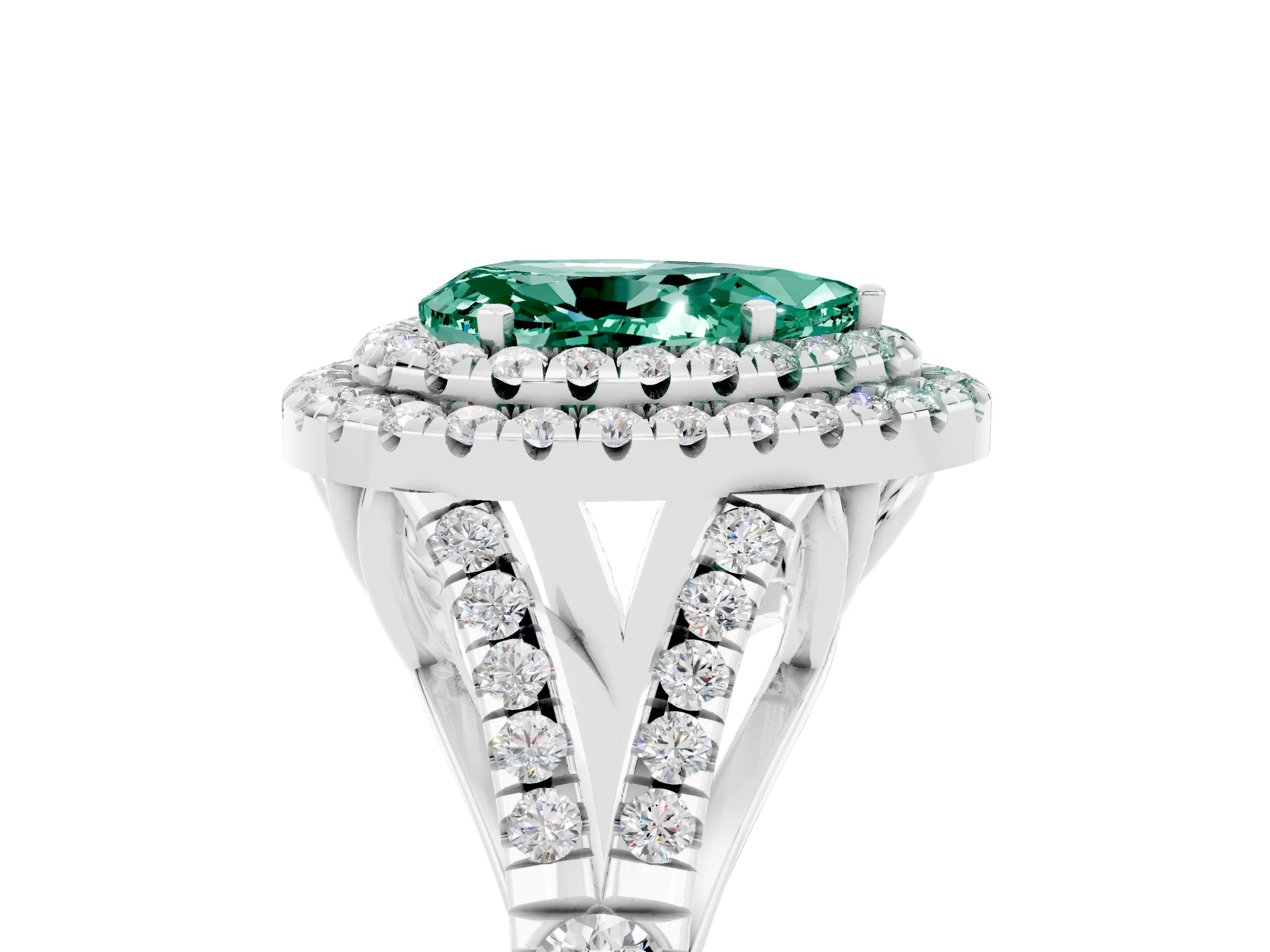 White gold Double Halo Pear Cut Green Sapphire Pavé Split Shank Ring with Prong Setting_5