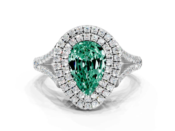 White gold Double Halo Pear Cut Green Sapphire Pavé Split Shank Ring with Prong Setting