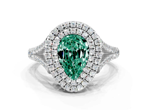 White gold Double Halo Pear Cut Green Sapphire Pavé Split Shank Ring with Prong Setting