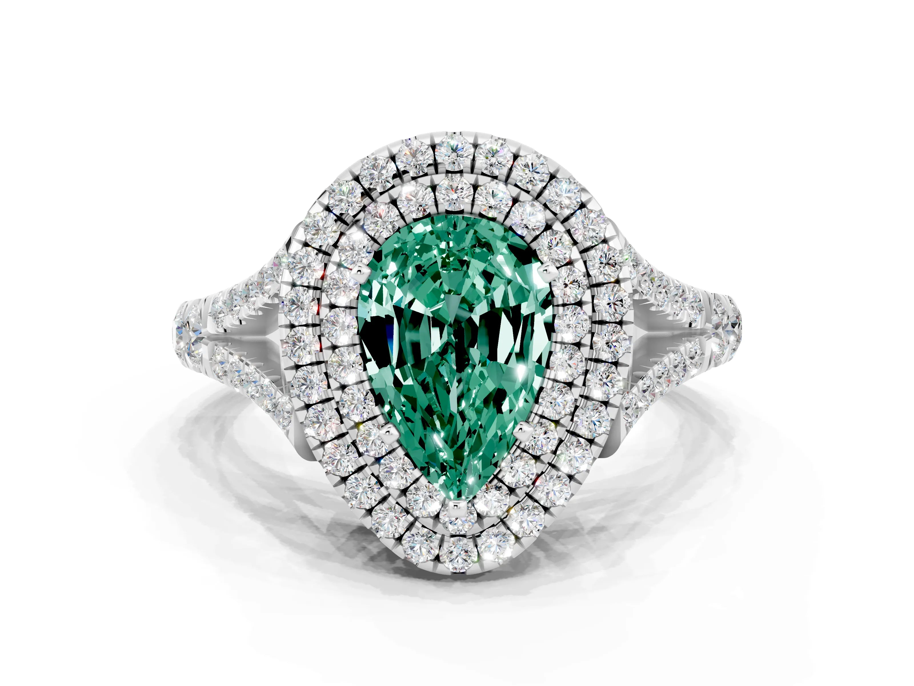 White gold Double Halo Pear Cut Green Sapphire Split Shank Engagement Ring with Four-Prong Setting