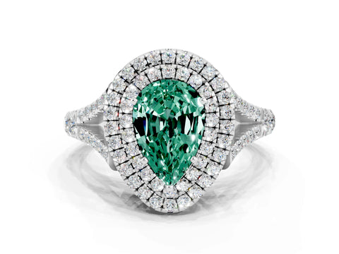 White gold Double Halo Pear Cut Green Sapphire Split Shank Engagement Ring with Four-Prong Setting