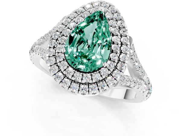 White gold Double Halo Pear Cut Green Sapphire Split Shank Engagement Ring with Four-Prong Setting
