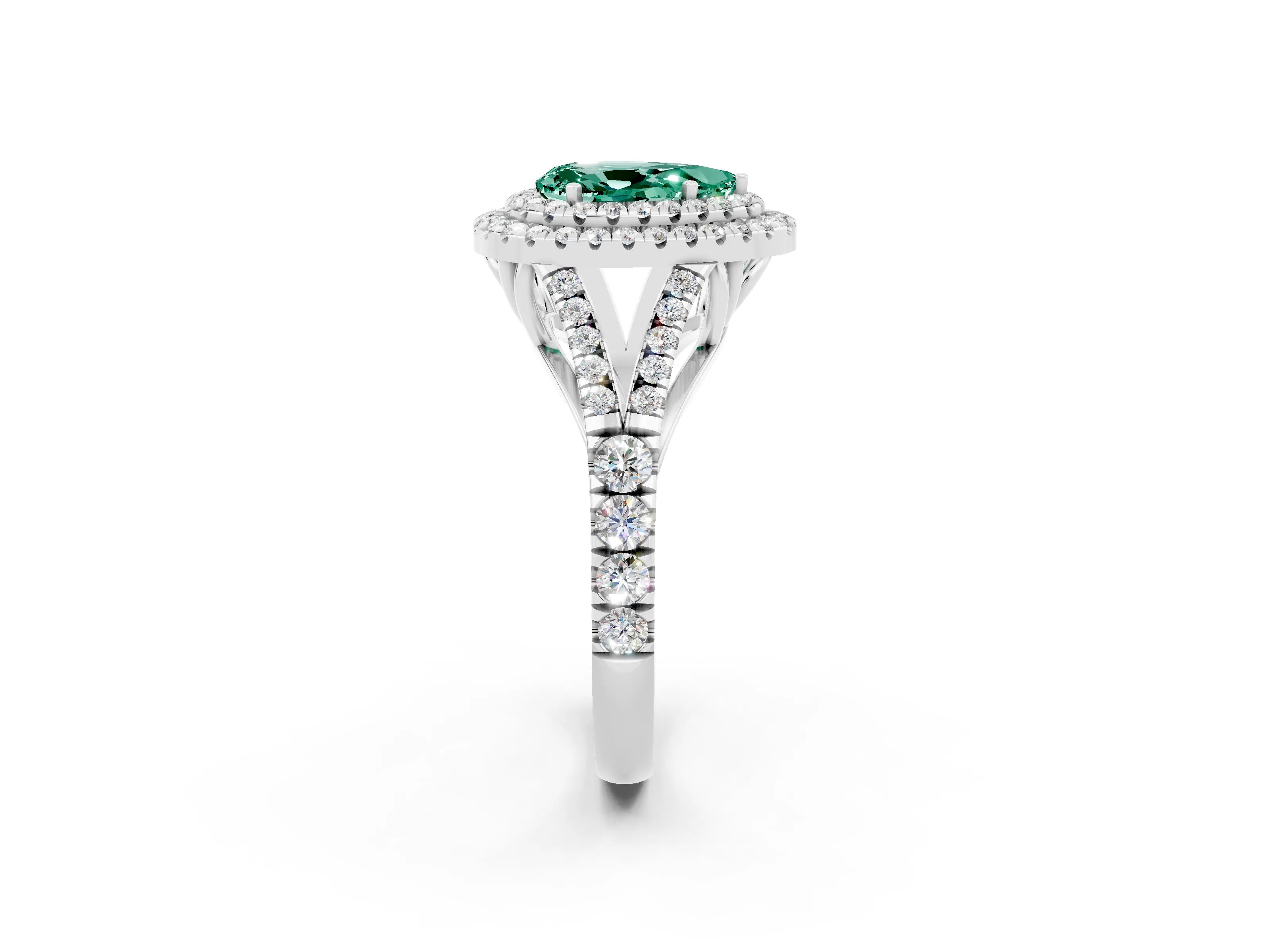 White gold Double Halo Pear Cut Green Sapphire Split Shank Engagement Ring with Four-Prong Setting_2