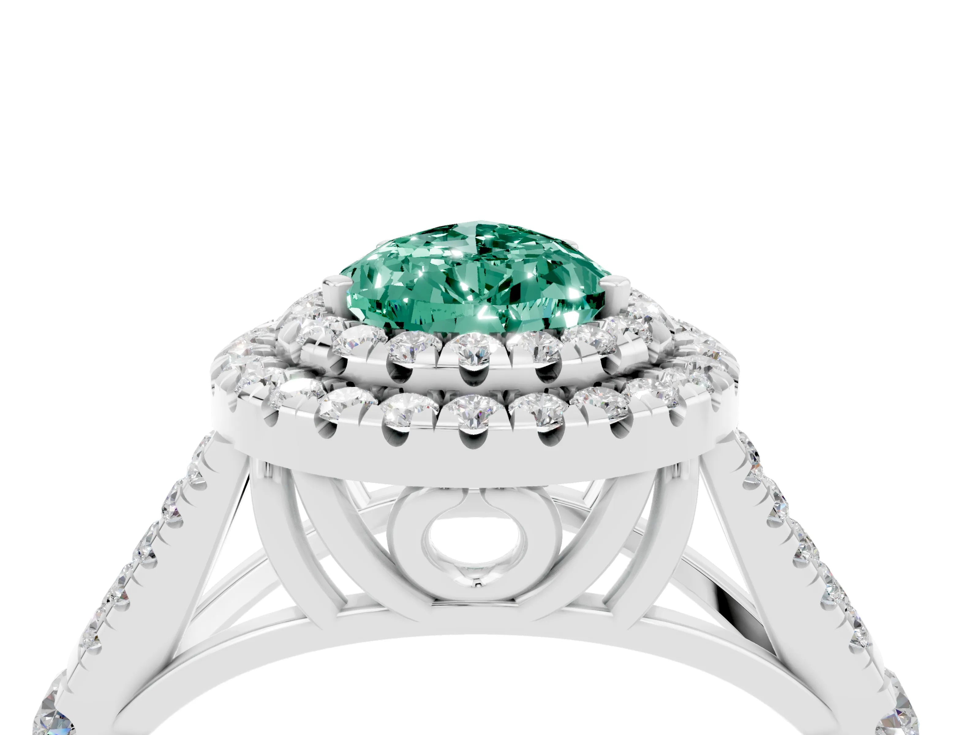 White gold Double Halo Pear Cut Green Sapphire Split Shank Engagement Ring with Four-Prong Setting_4