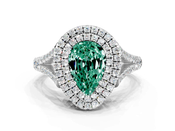 White gold Double Halo Pear Cut Green Sapphire Split Shank Engagement Ring with Four-Prong Setting