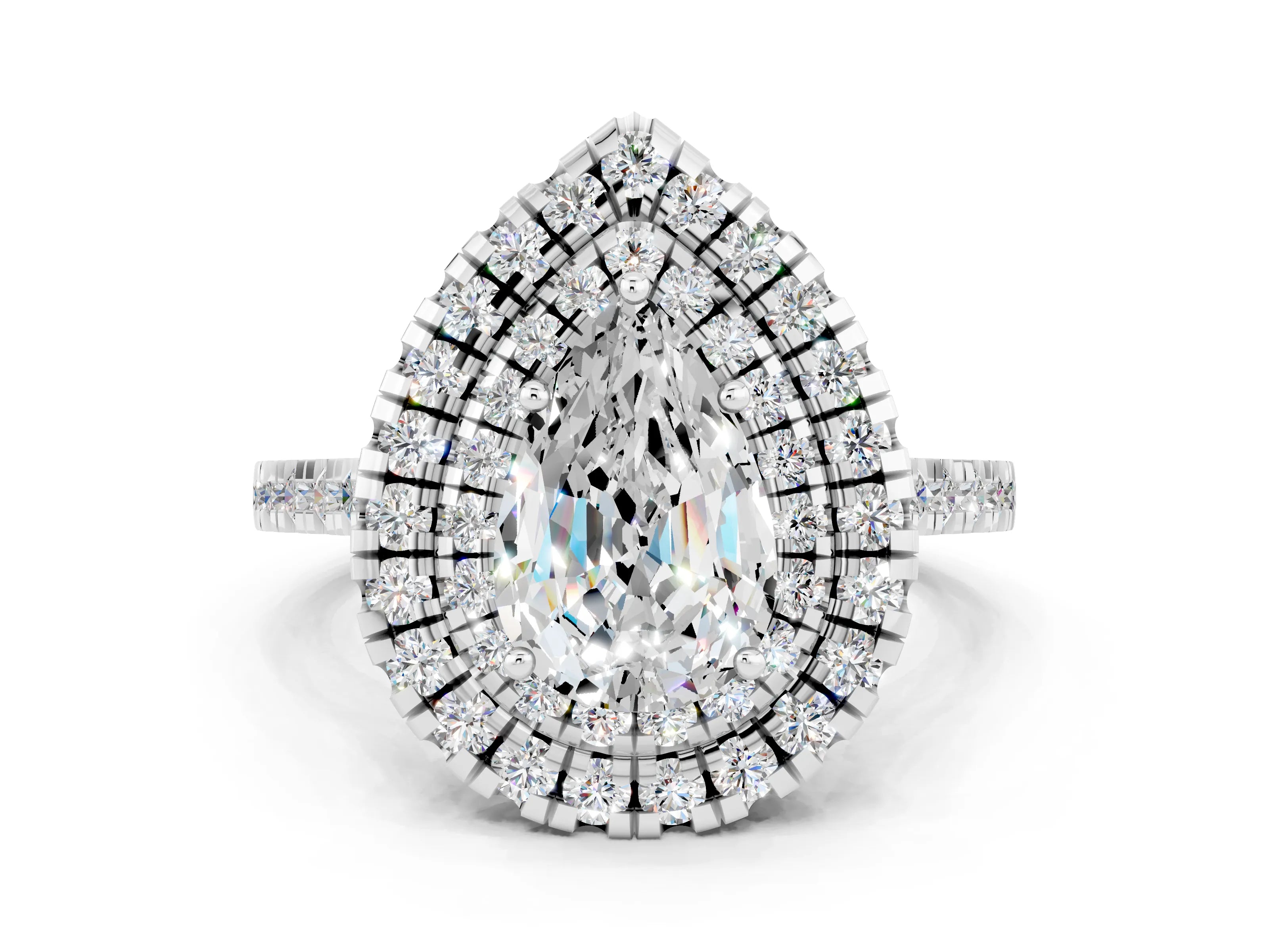 White gold Double Halo Pear Cut Moissanite Pavé Band with Four-Prong Setting