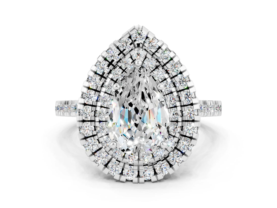 White gold Double Halo Pear Cut Moissanite Pavé Band with Four-Prong Setting