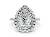 White gold Double Halo Pear Cut Moissanite Pavé Band with Four-Prong Setting