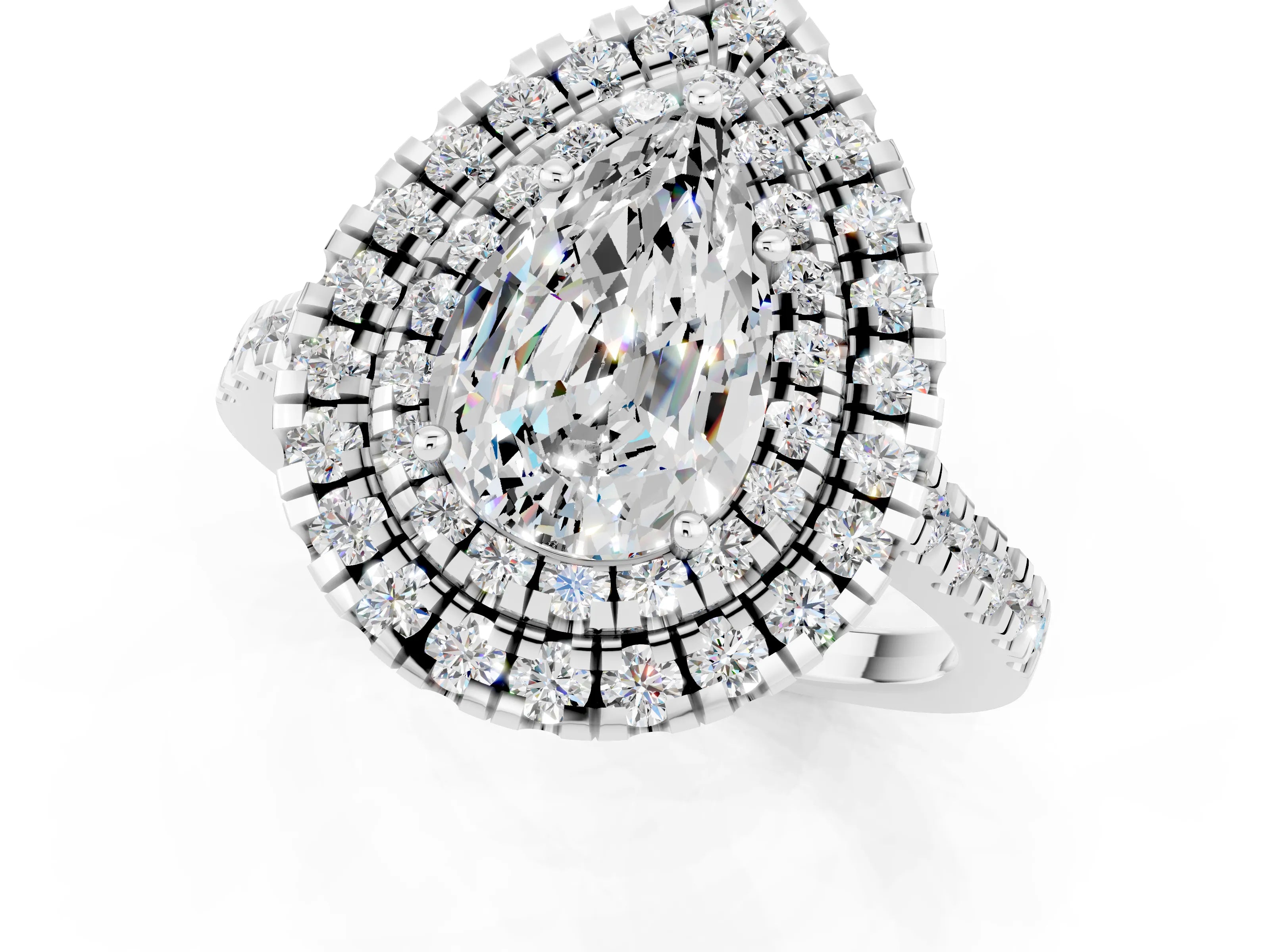 White gold Double Halo Pear Cut Moissanite Pavé Band with Four-Prong Setting_1