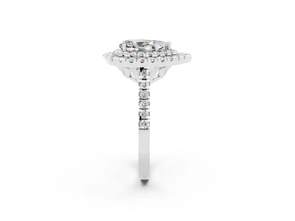 Silver Double Halo Pear Cut Moissanite Pavé Band with Four-Prong Setting