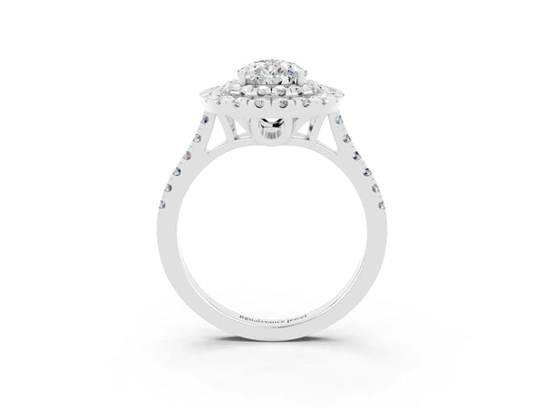 Platinum Double Halo Pear Cut Moissanite Pavé Band with Four-Prong Setting