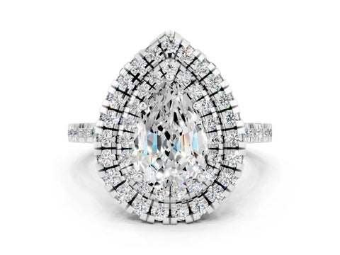 White gold Double Halo Pear Cut Moissanite Pavé Band with Four-Prong Setting