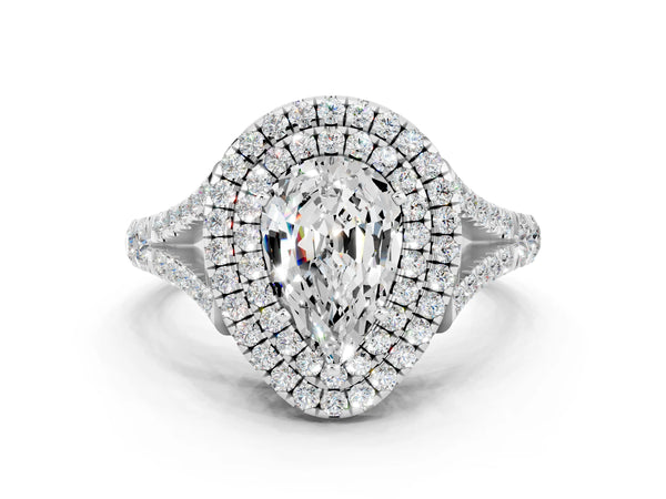 Platinum Double Halo Pear Cut Moissanite Pavé Split Shank Ring with Prong Setting