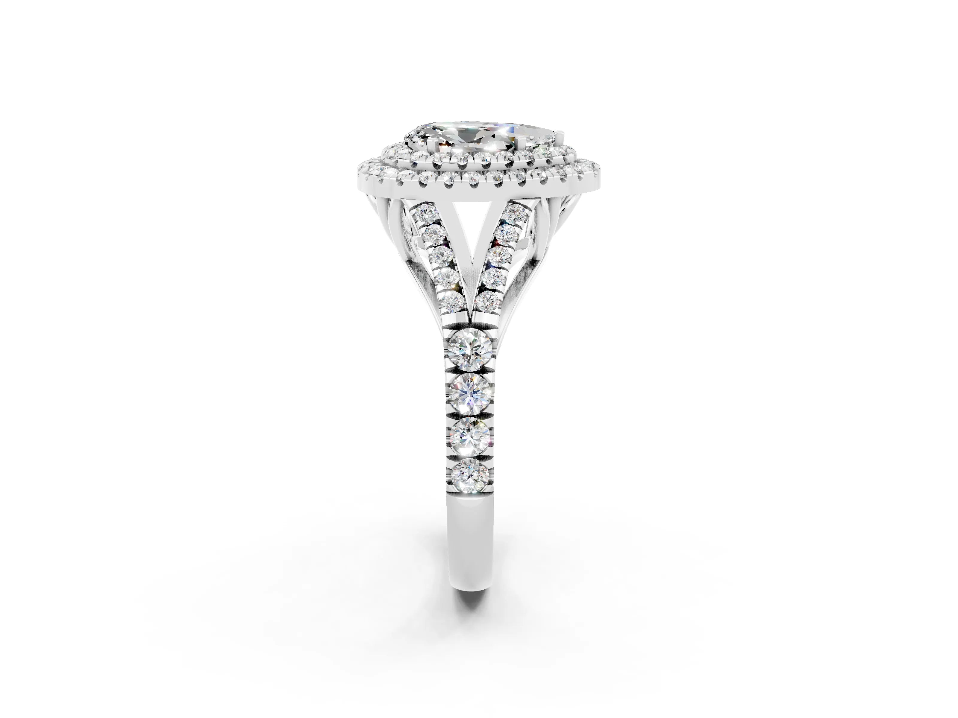 White gold Double Halo Pear Cut Moissanite Pavé Split Shank Ring with Prong Setting_2
