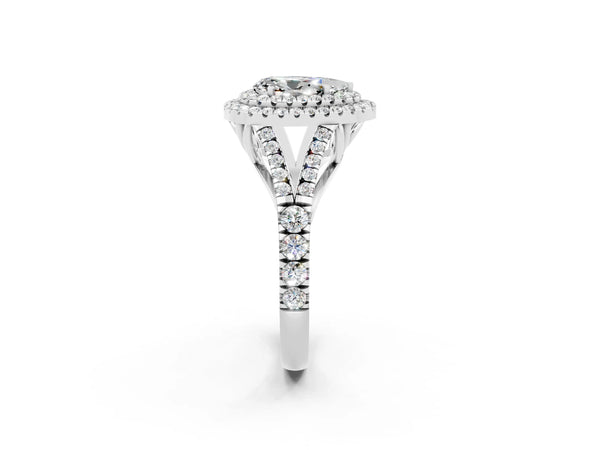 Platinum Double Halo Pear Cut Moissanite Pavé Split Shank Ring with Prong Setting