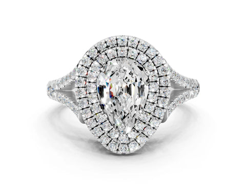 White gold Double Halo Pear Cut Moissanite Pavé Split Shank Ring with Prong Setting