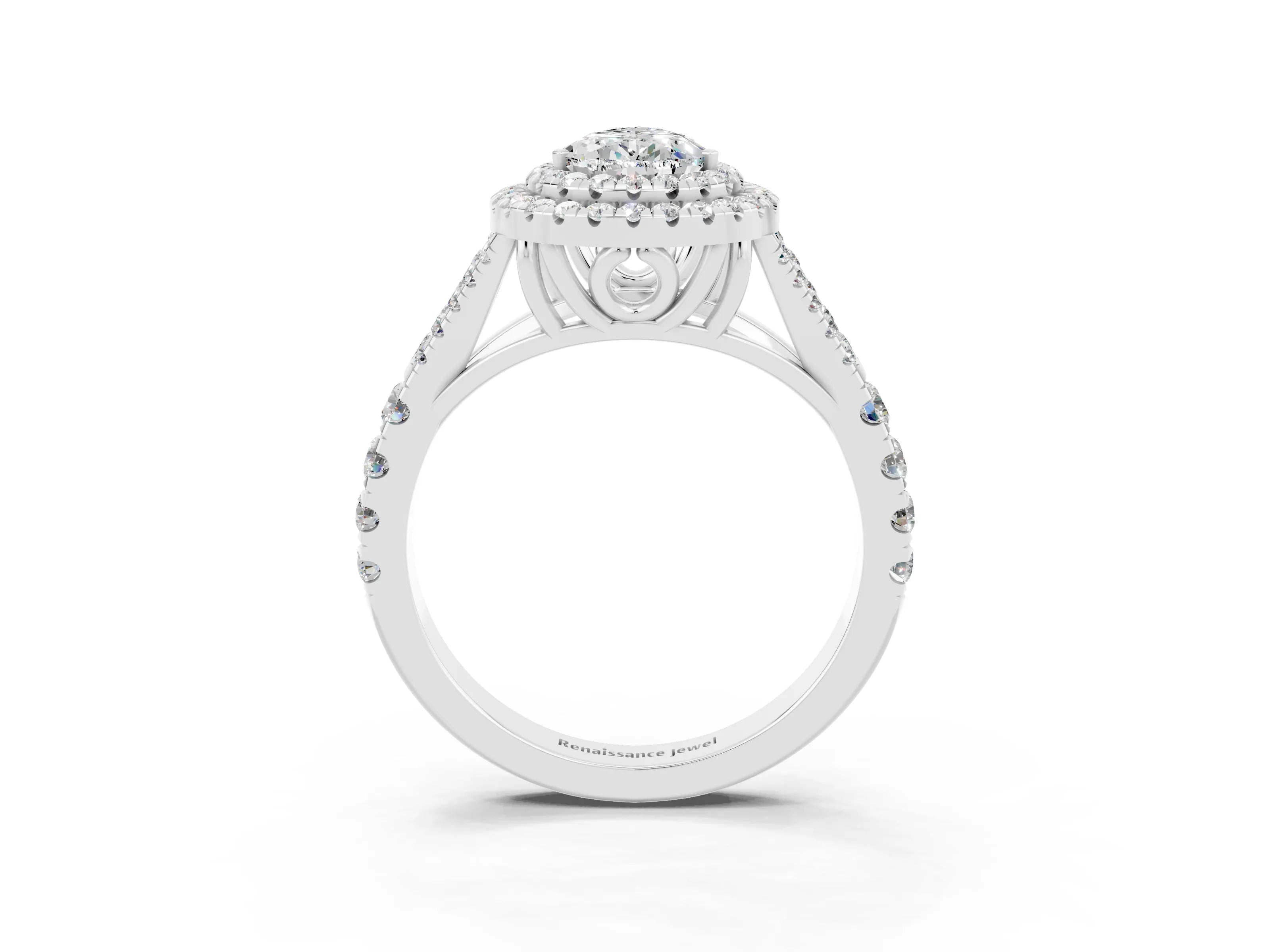 White gold Double Halo Pear Cut Moissanite Pavé Split Shank Ring with Prong Setting_3