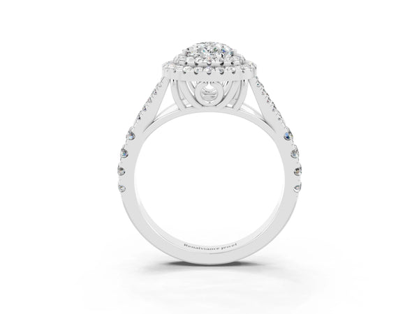 Silver Double Halo Pear Cut Moissanite Pavé Split Shank Ring with Prong Setting
