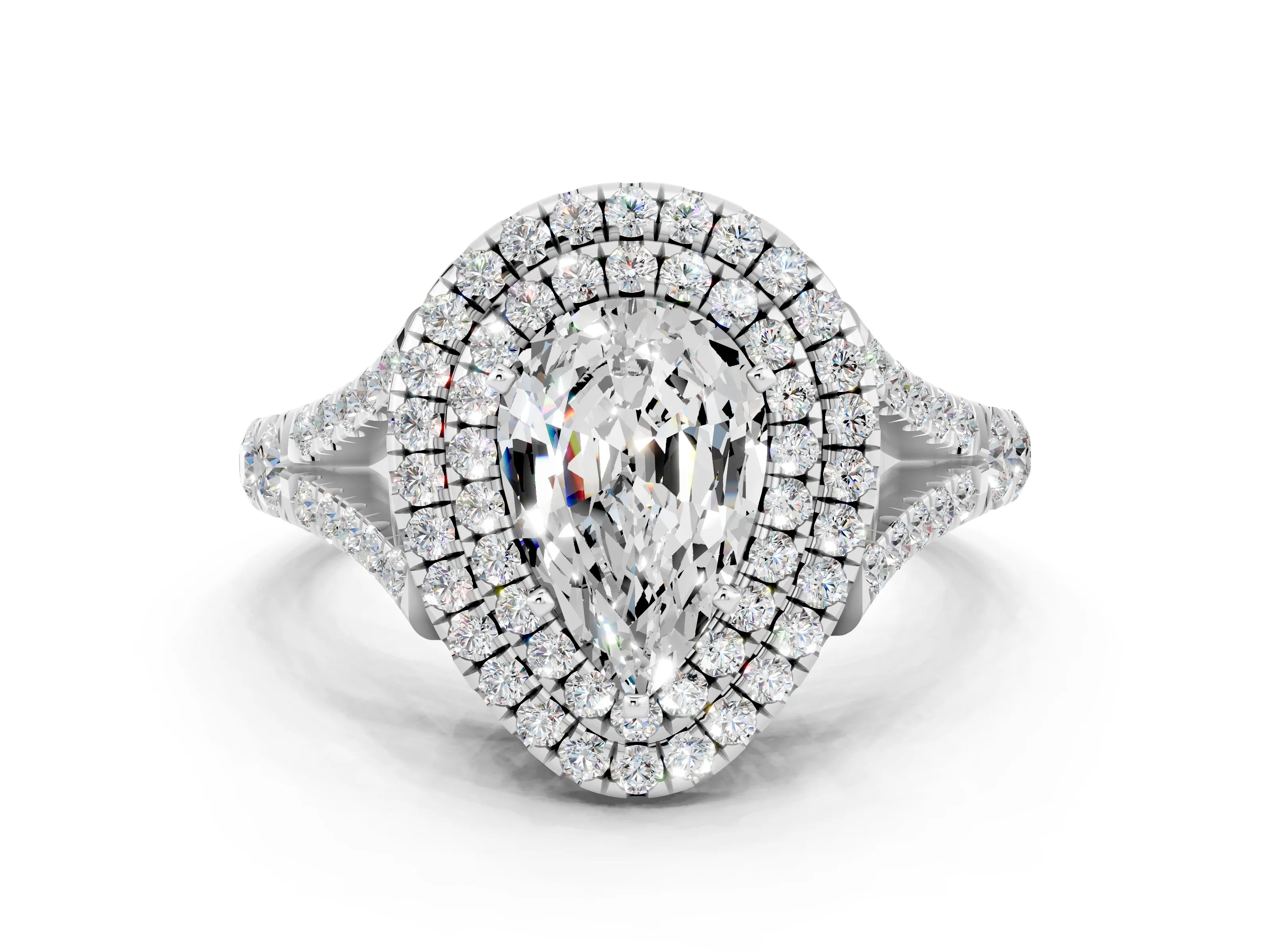 White gold Double Halo Pear Cut Moissanite Pavé Split Shank Ring with Prong Setting
