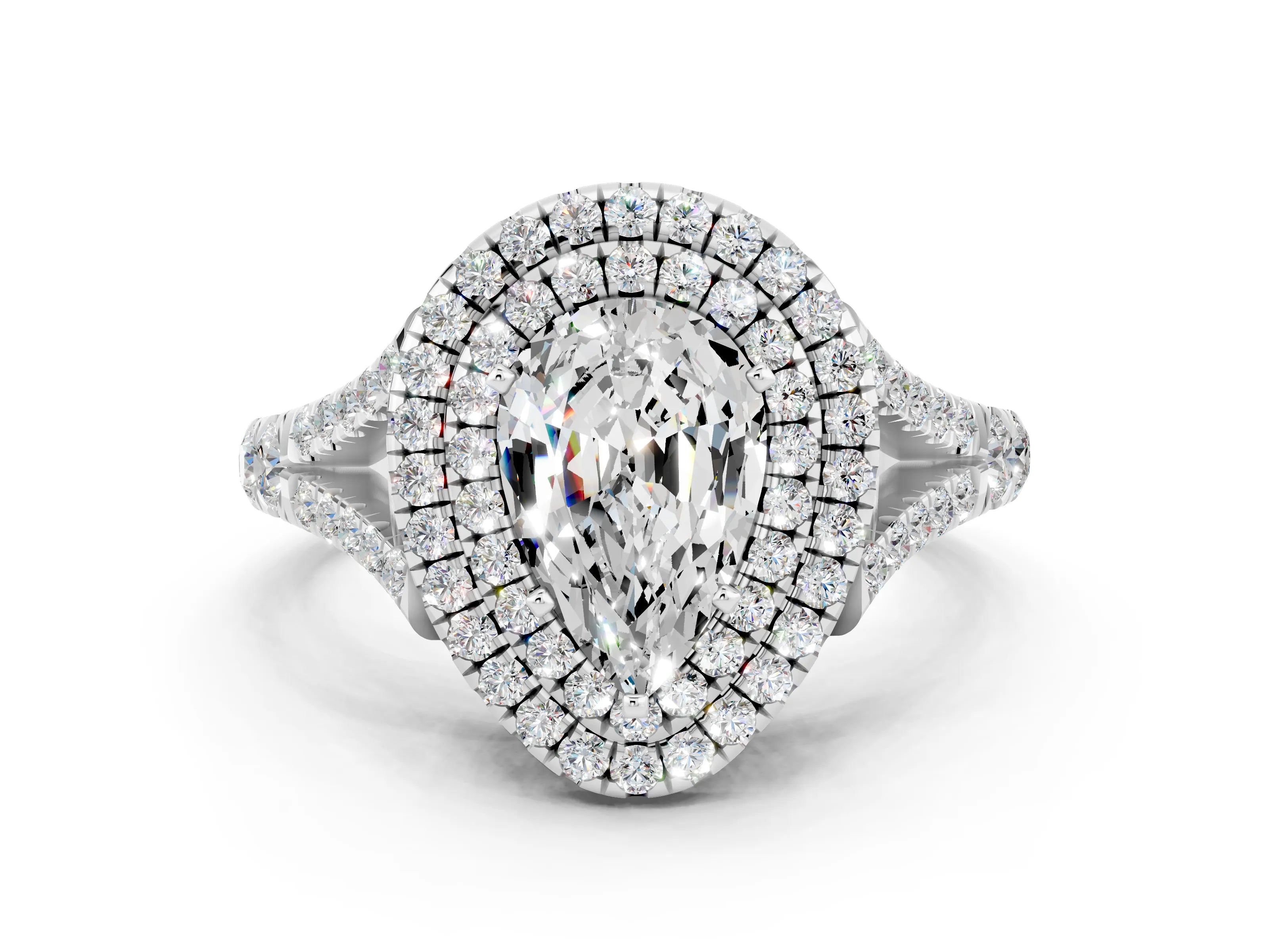 White gold Double Halo Pear Cut Moissanite Split Shank Engagement Ring with Four-Prong Setting