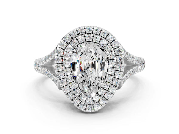 Platinum Double Halo Pear Cut Moissanite Split Shank Engagement Ring with Four-Prong Setting