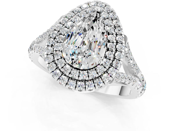 Platinum Double Halo Pear Cut Moissanite Split Shank Engagement Ring with Four-Prong Setting