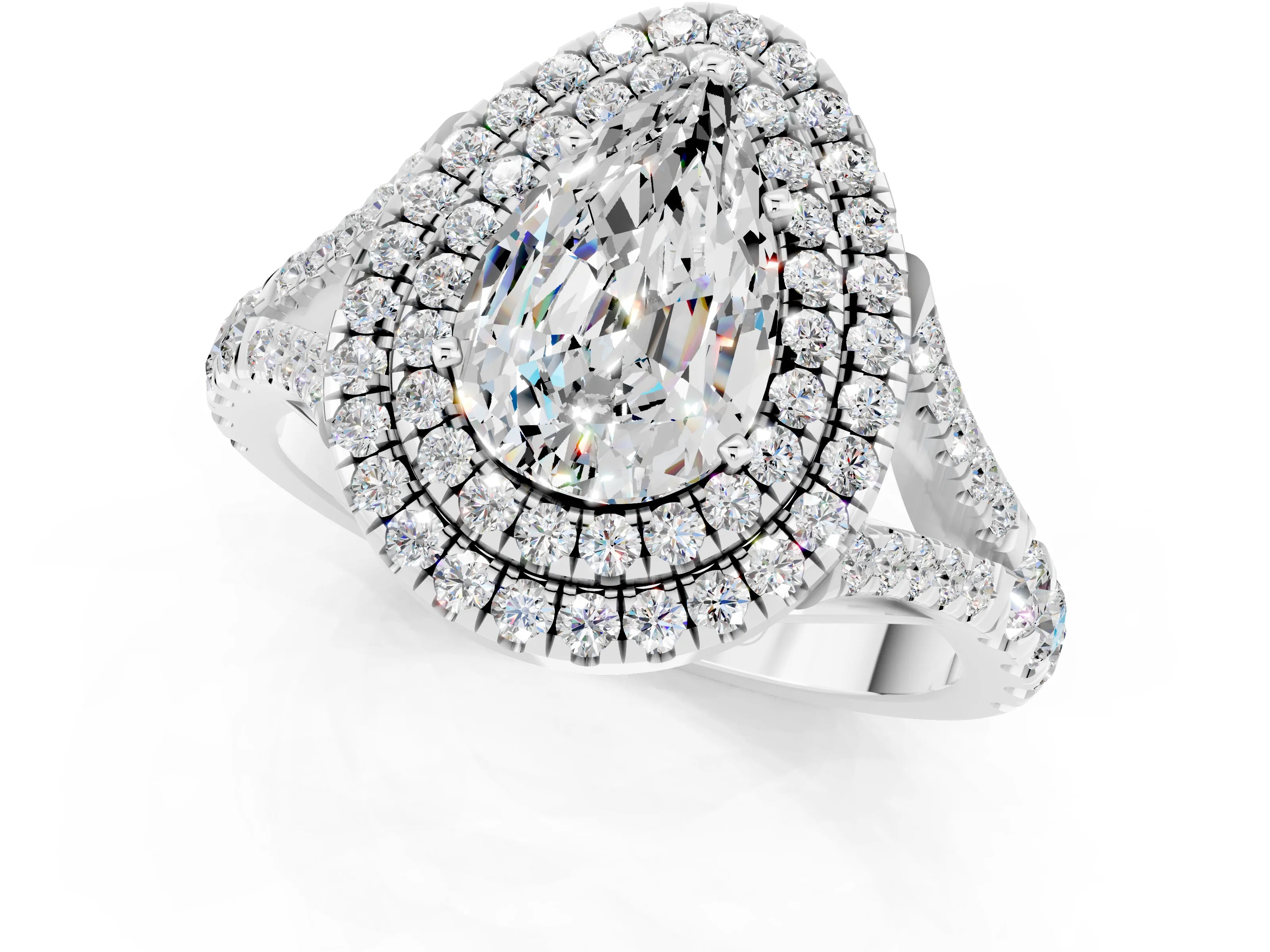 White gold Double Halo Pear Cut Moissanite Split Shank Engagement Ring with Four-Prong Setting_1