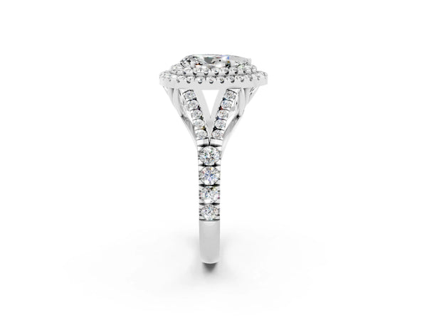White gold Double Halo Pear Cut Moissanite Split Shank Engagement Ring with Four-Prong Setting