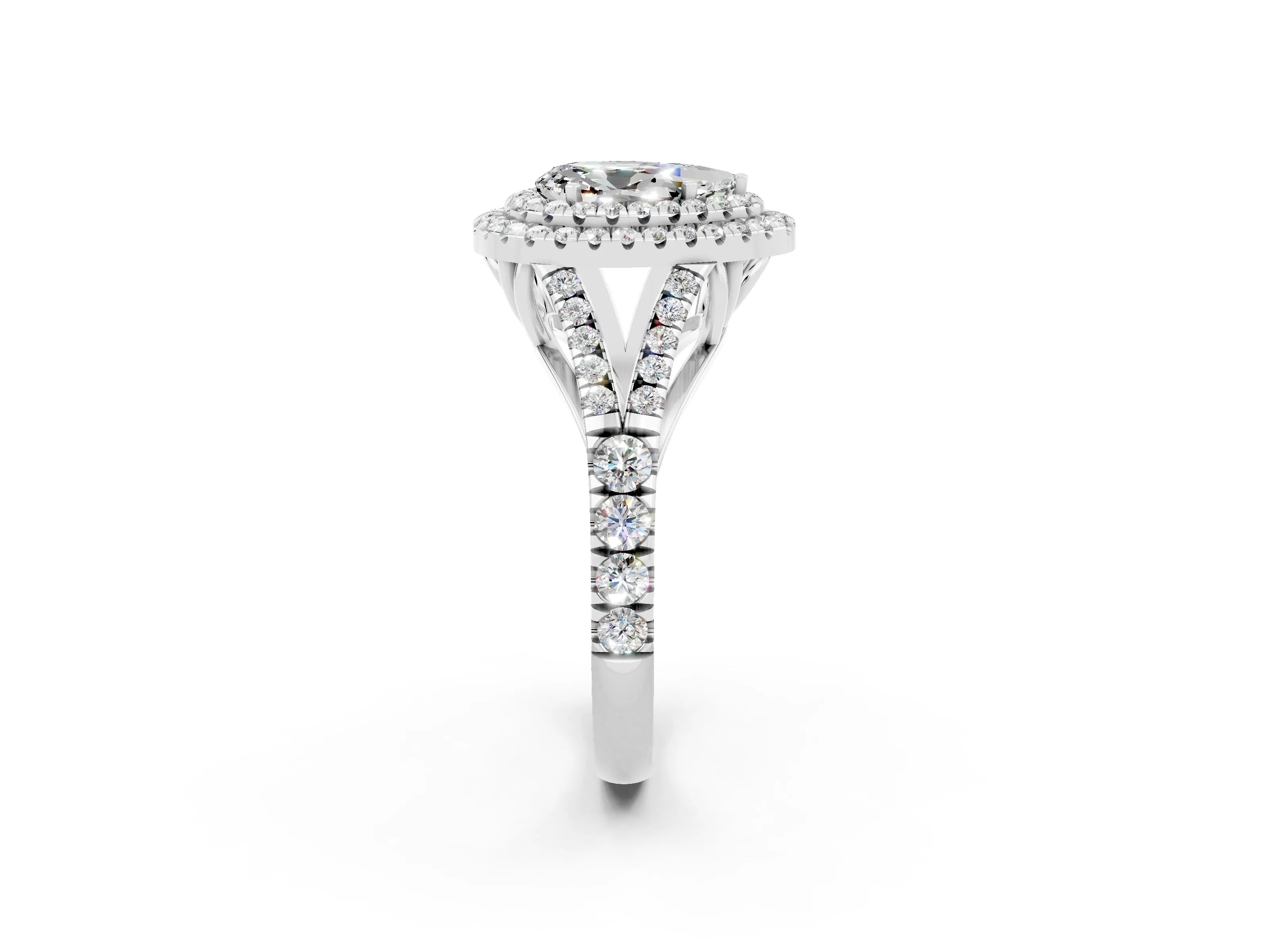 White gold Double Halo Pear Cut Moissanite Split Shank Engagement Ring with Four-Prong Setting_2