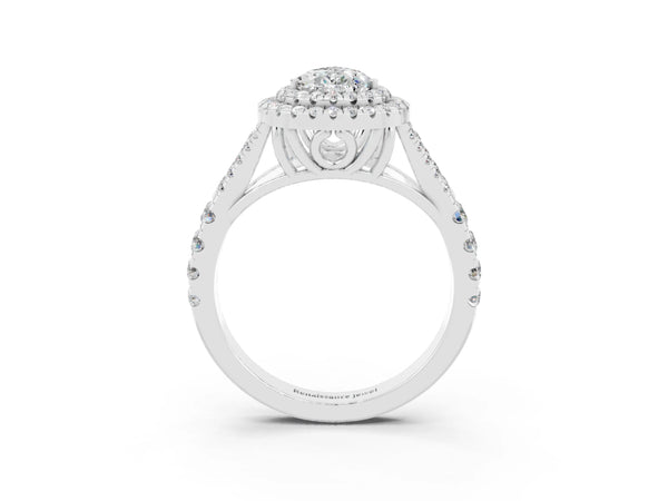 Platinum Double Halo Pear Cut Moissanite Split Shank Engagement Ring with Four-Prong Setting