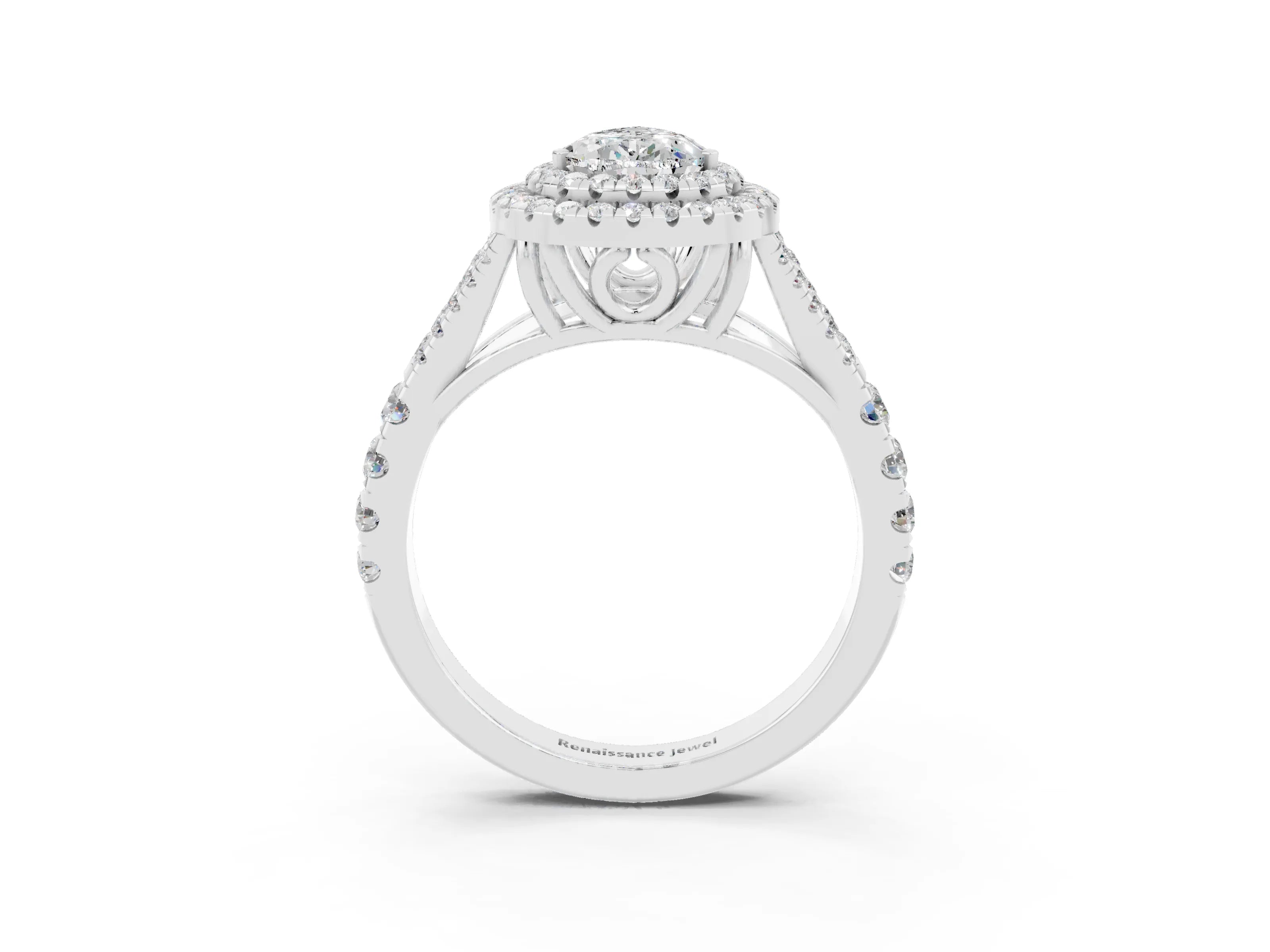 White gold Double Halo Pear Cut Moissanite Split Shank Engagement Ring with Four-Prong Setting_3