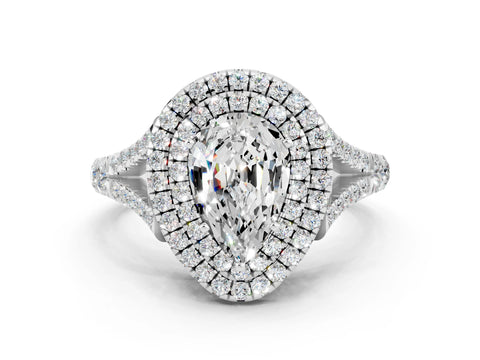 White gold Double Halo Pear Cut Moissanite Split Shank Engagement Ring with Four-Prong Setting