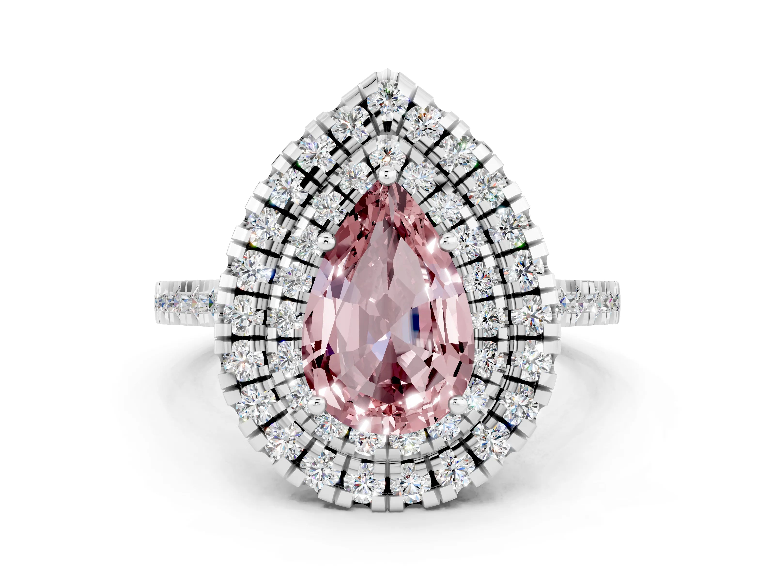 White gold Double Halo Pear Cut Morganite Pavé Band with Four-Prong Setting