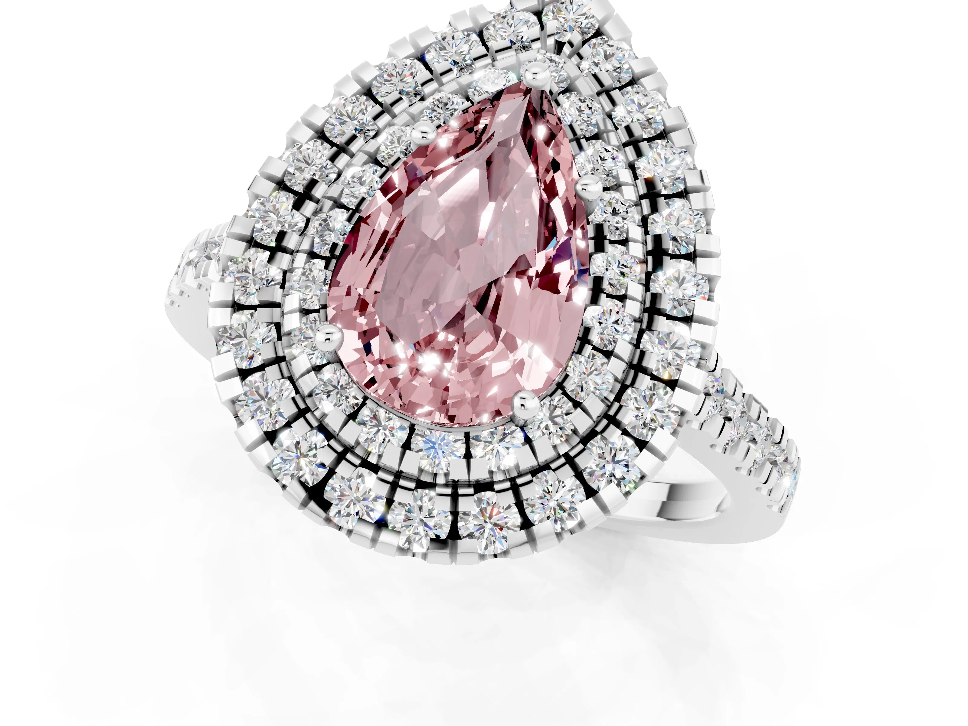 White gold Double Halo Pear Cut Morganite Pavé Band with Four-Prong Setting_1
