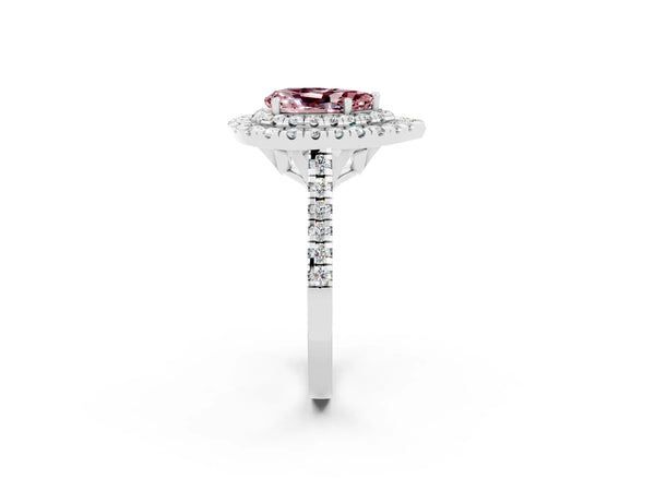 Platinum Double Halo Pear Cut Morganite Pavé Band with Four-Prong Setting