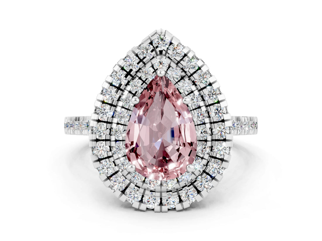 White gold Double Halo Pear Cut Morganite Pavé Band with Four-Prong Setting