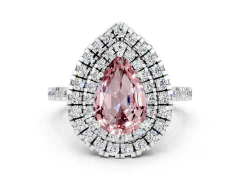 White gold Double Halo Pear Cut Morganite Pavé Band with Four-Prong Setting