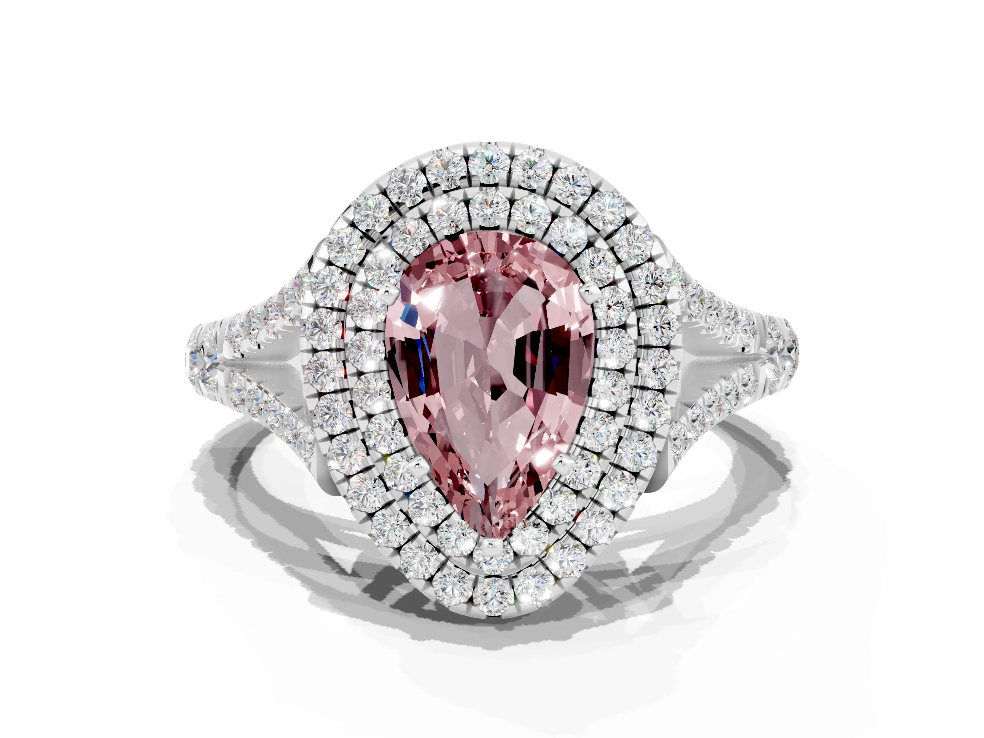 White gold Double Halo Pear Cut Morganite Pavé Split Shank Ring with Prong Setting