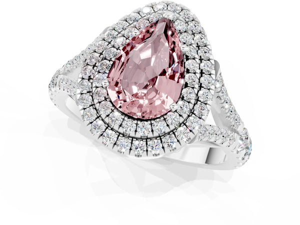 White gold Double Halo Pear Cut Morganite Pavé Split Shank Ring with Prong Setting