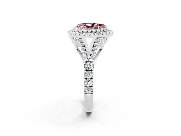 Platinum Double Halo Pear Cut Morganite Pavé Split Shank Ring with Prong Setting