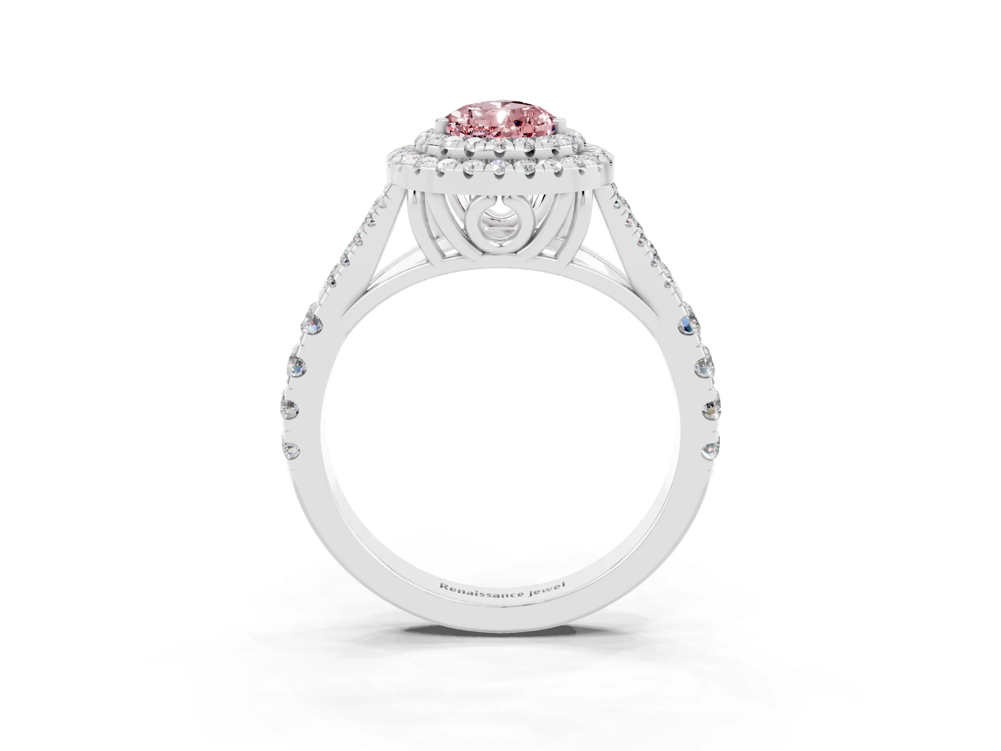 White gold Double Halo Pear Cut Morganite Pavé Split Shank Ring with Prong Setting_3