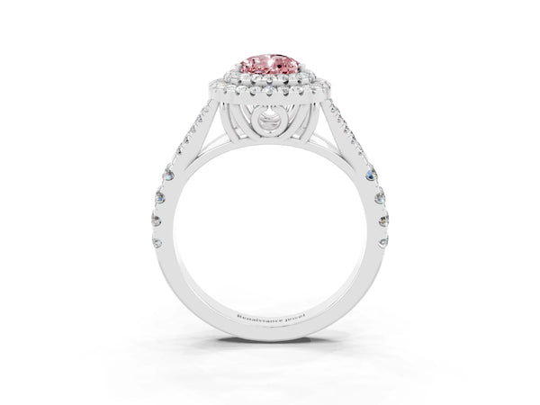 Silver Double Halo Pear Cut Morganite Pavé Split Shank Ring with Prong Setting