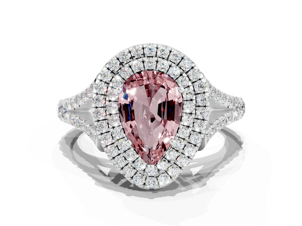 Silver Double Halo Pear Cut Morganite Pavé Split Shank Ring with Prong Setting