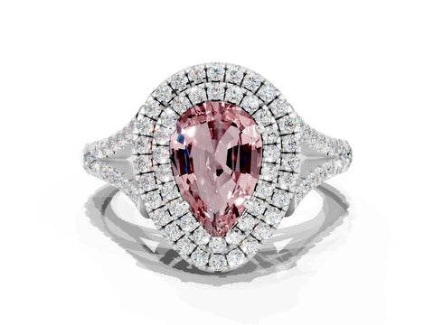 White gold Double Halo Pear Cut Morganite Pavé Split Shank Ring with Prong Setting