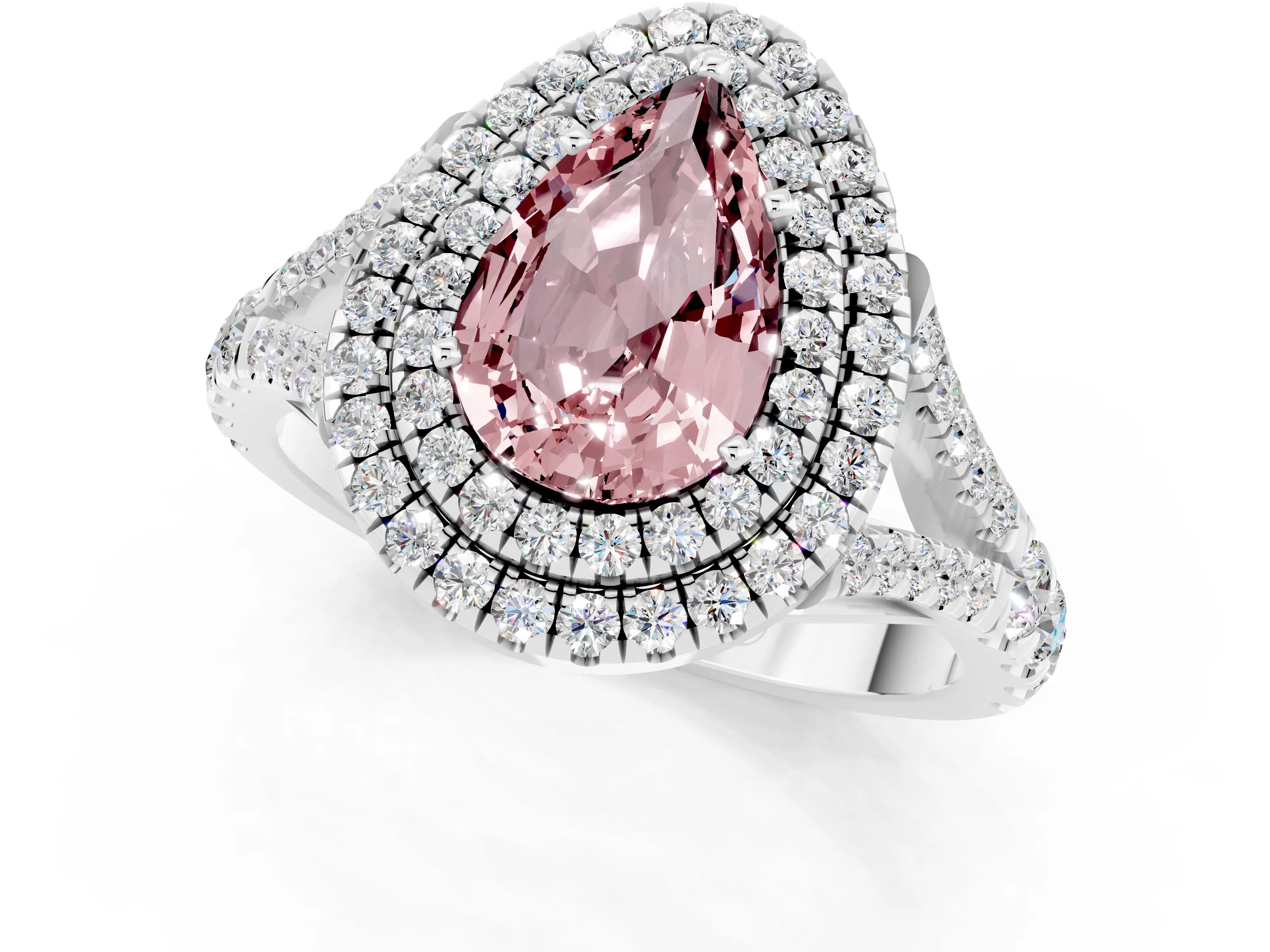 White gold Double Halo Pear Cut Morganite Split Shank Engagement Ring with Four-Prong Setting_1