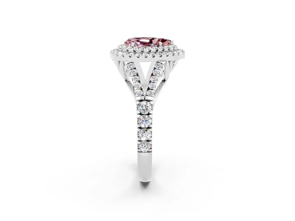 Platinum Double Halo Pear Cut Morganite Split Shank Engagement Ring with Four-Prong Setting