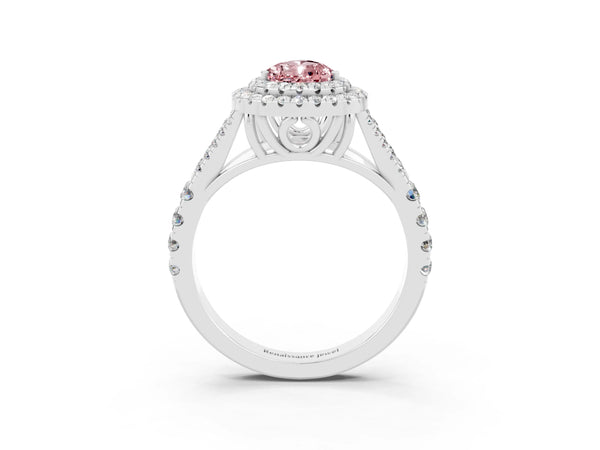 Platinum Double Halo Pear Cut Morganite Split Shank Engagement Ring with Four-Prong Setting