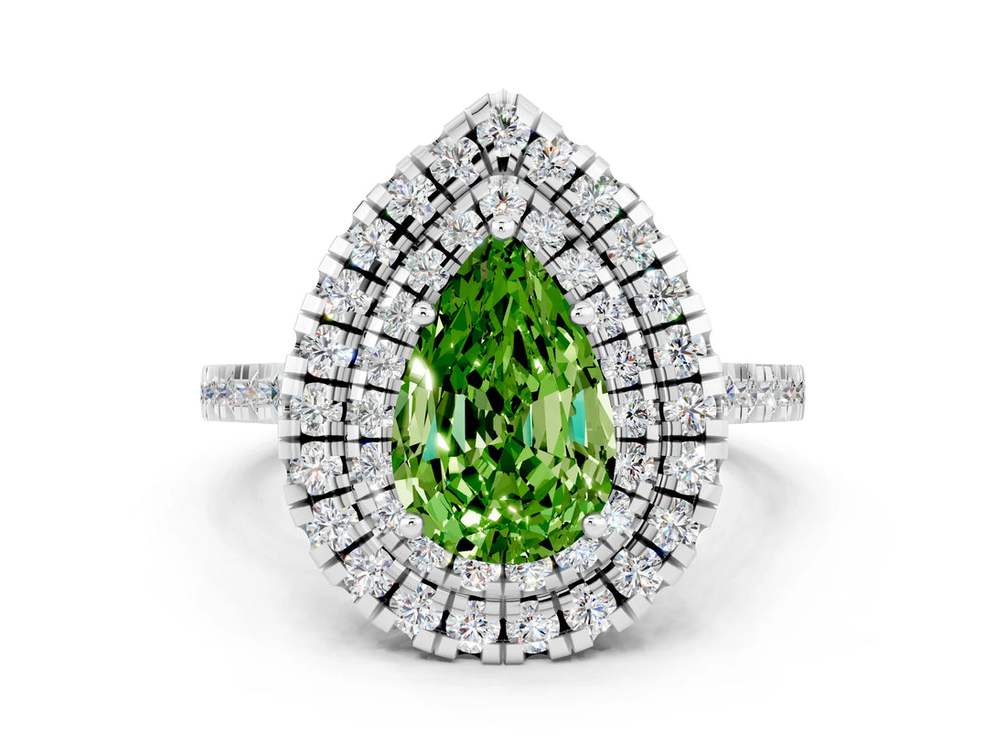 White gold Double Halo Pear Cut Peridot Pavé Band with Four-Prong Setting