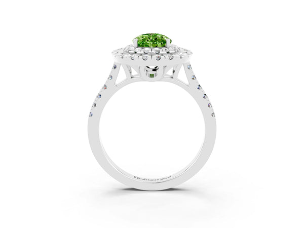 Platinum Double Halo Pear Cut Peridot Pavé Band with Four-Prong Setting