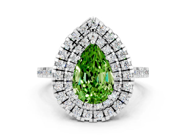 Silver Double Halo Pear Cut Peridot Pavé Band with Four-Prong Setting